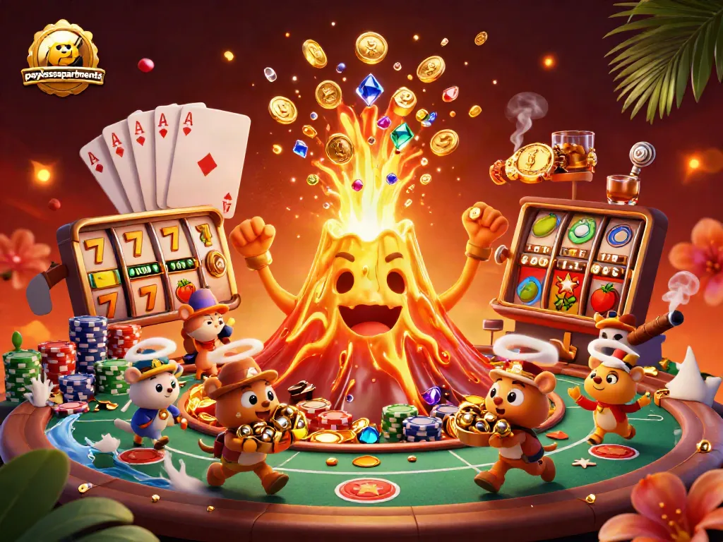 Experience high-stakes adventures at paylessapartments with a vibrant volcano and dynamic gaming elements.