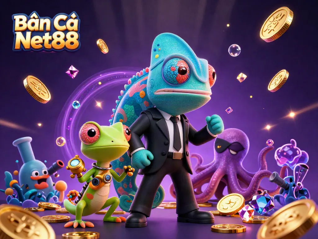 Bắn Cá Net88 features dynamic gameplay with chameleon, gecko, and octopus characters in an exciting underwater scene.