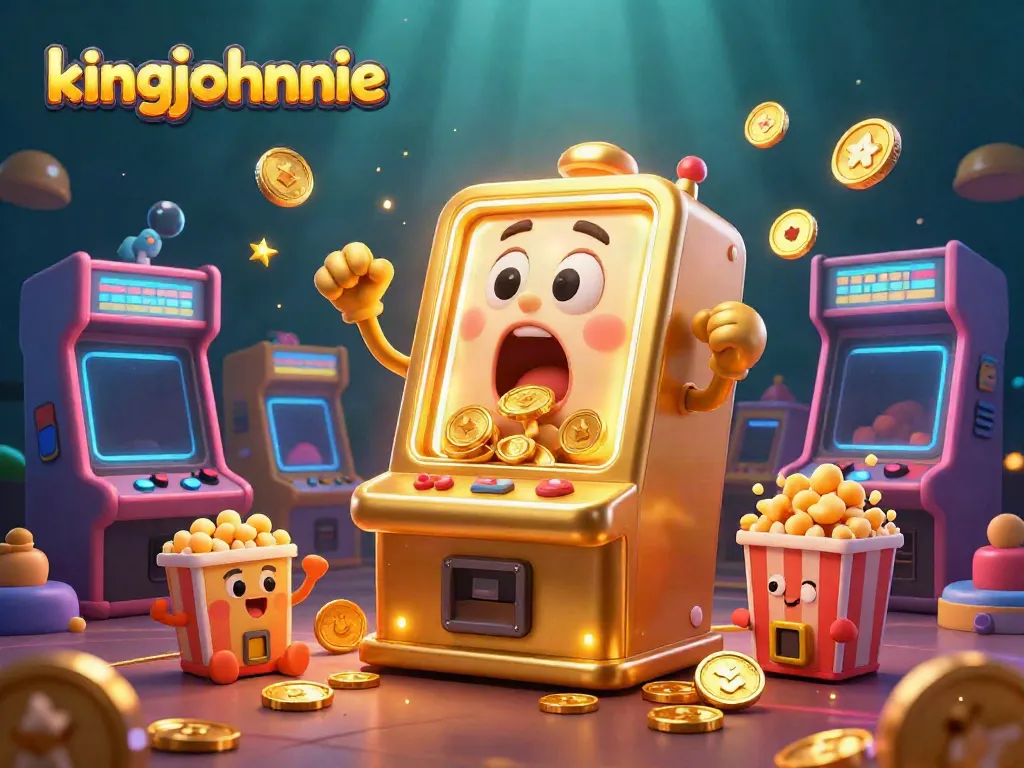 Experience the thrilling jackpot moments at kingjohnnie's vibrant 3D casino, where excitement pours from winning machines.