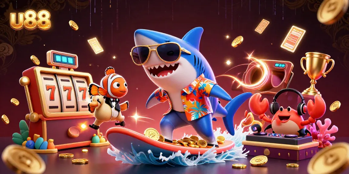 Experience thrilling moments with u88 as cartoon characters celebrate casino wins amid gold coins and vibrant colors.
