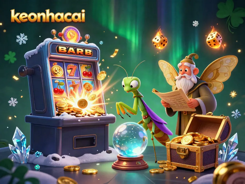 Watch the keonhacai slot machine explode with winnings in this vibrant 3D illustration, featuring magical characters.