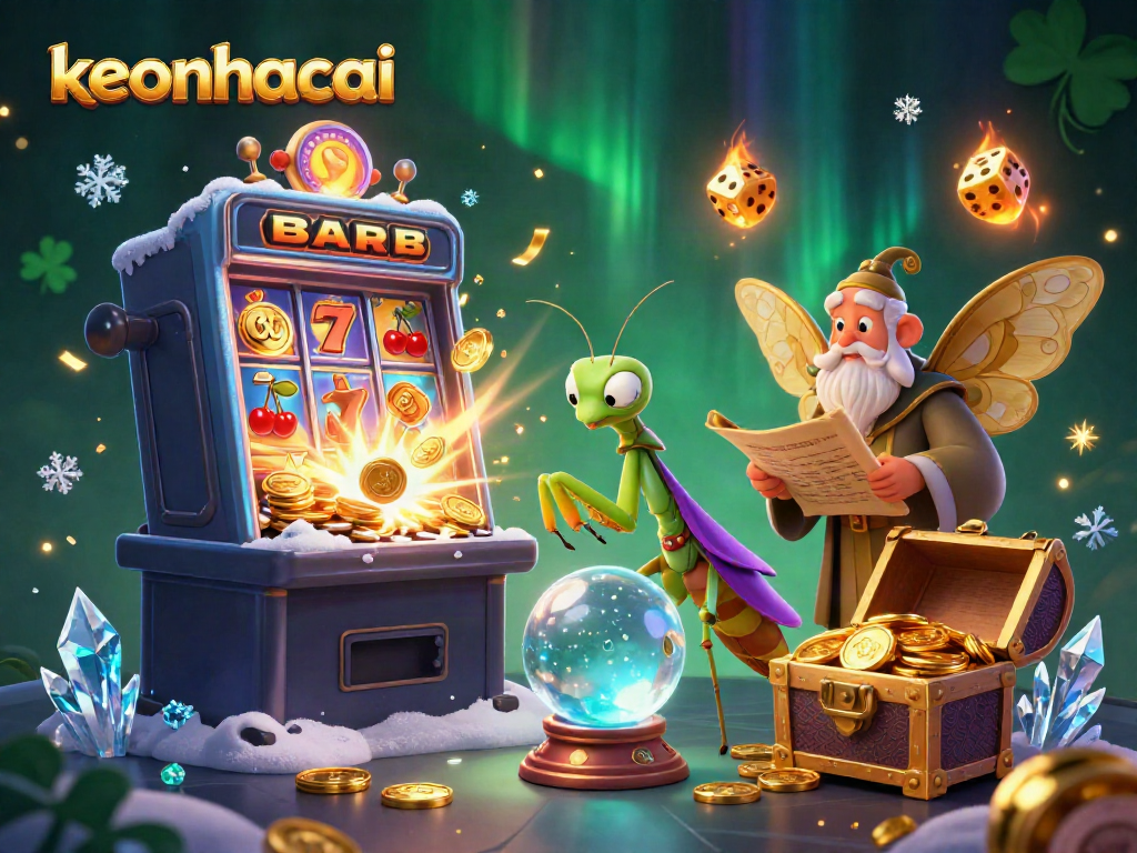 Watch the keonhacai slot machine explode with winnings in this vibrant 3D illustration, featuring magical characters.