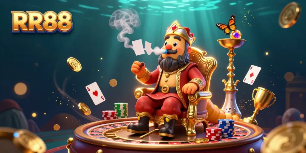 Experience thrilling gameplay at RR88 with vibrant casino elements and a whimsical hookah-master character.