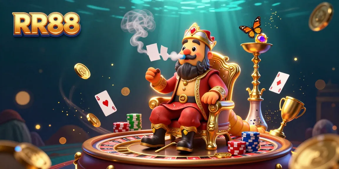 Experience thrilling gameplay at RR88 with vibrant casino elements and a whimsical hookah-master character.