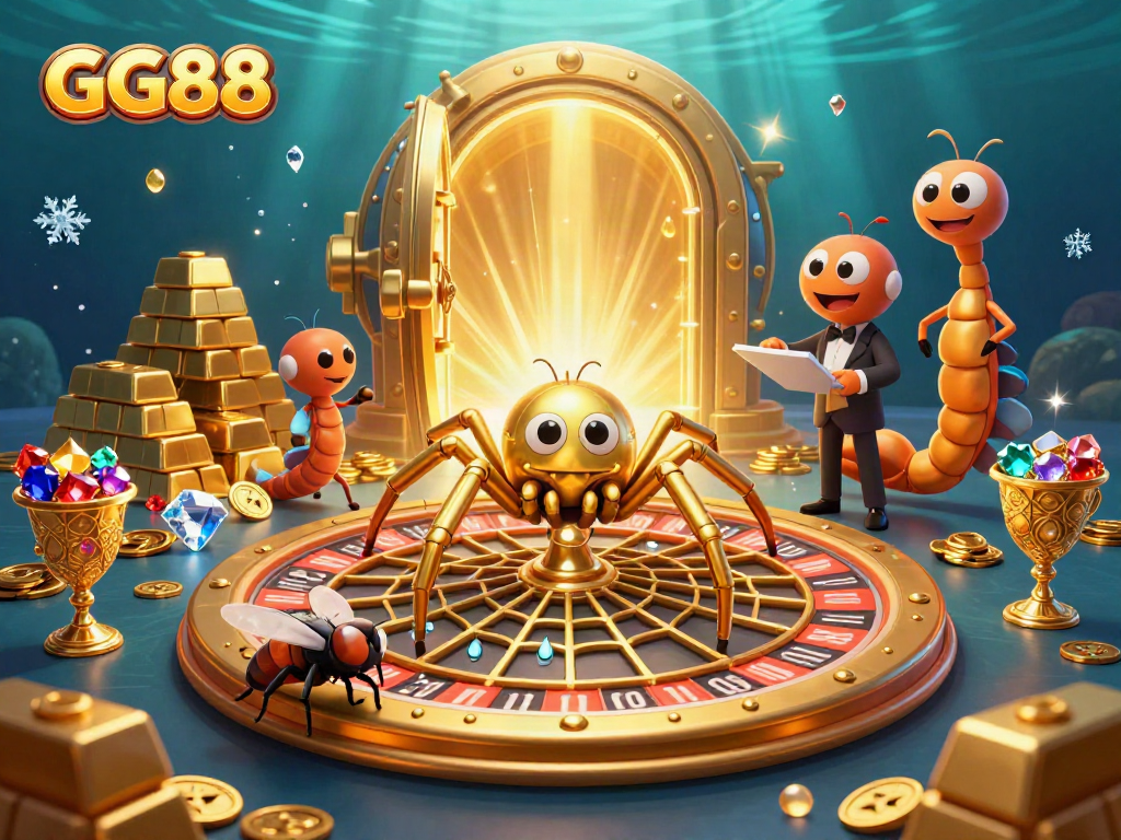 Experience the thrilling atmosphere of GG88 with a 3D illustration of a giant spider and unique casino elements.