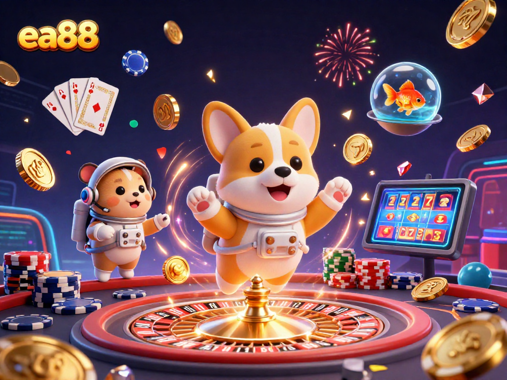 Experience the thrill of ea88 with a whimsical 3D casino scene featuring a floating corgi, giving a unique gaming perspective.