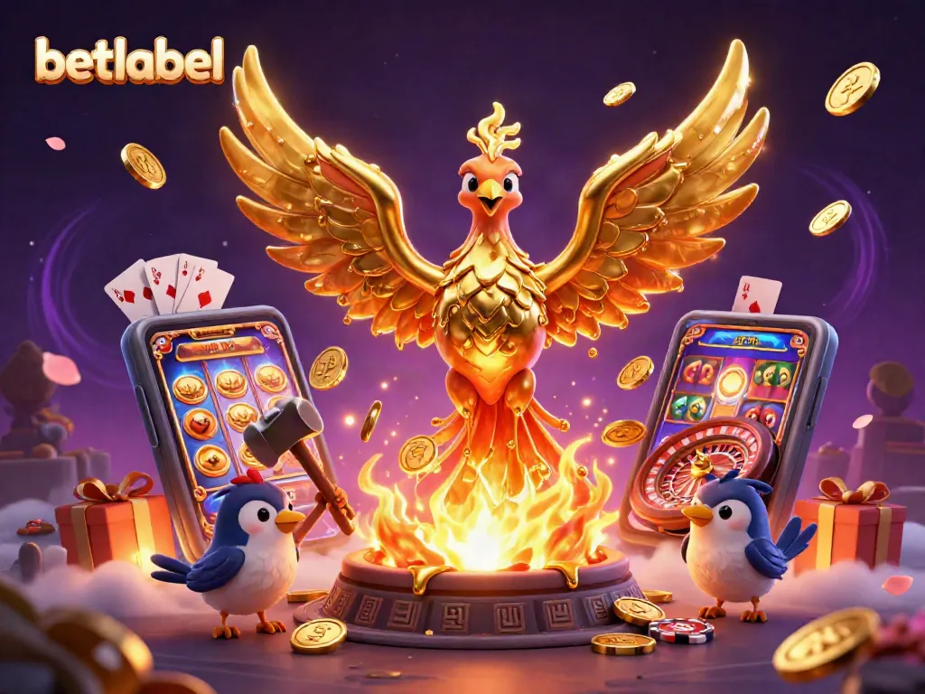 Betlabel ignites excitement with a molten phoenix amidst golden coins and dynamic gaming elements.