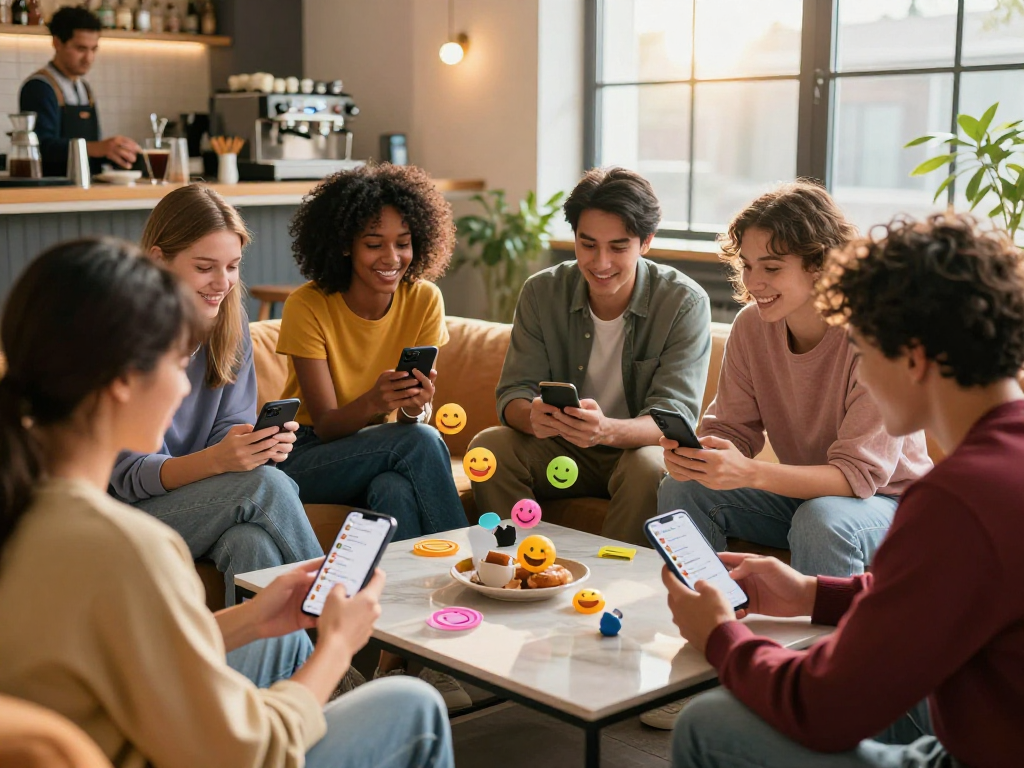 Friends enjoying lively spicy chat ai conversations in a modern social setting.