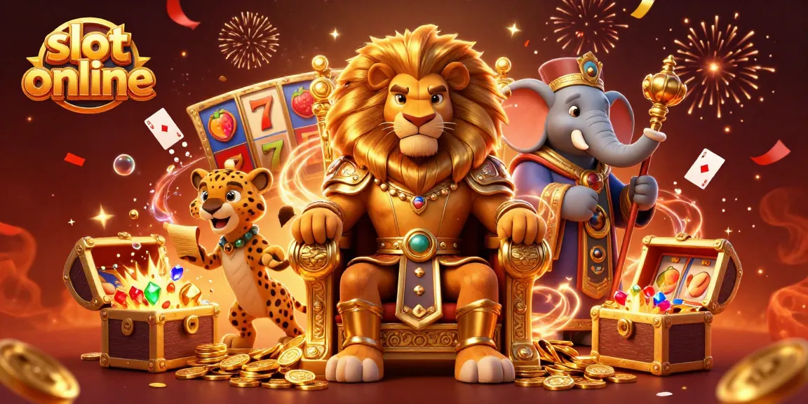 Experience thrilling slot online gameplay with a lion king, elephant advisor, and cheetah messenger amidst vibrant casino elements.