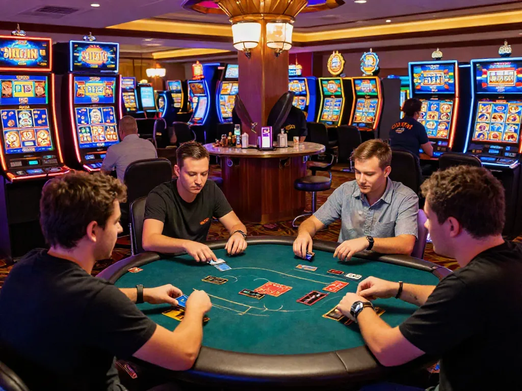 Casinos that accept credit card featuring enthusiastic players at a lively table game with vibrant slot machines.