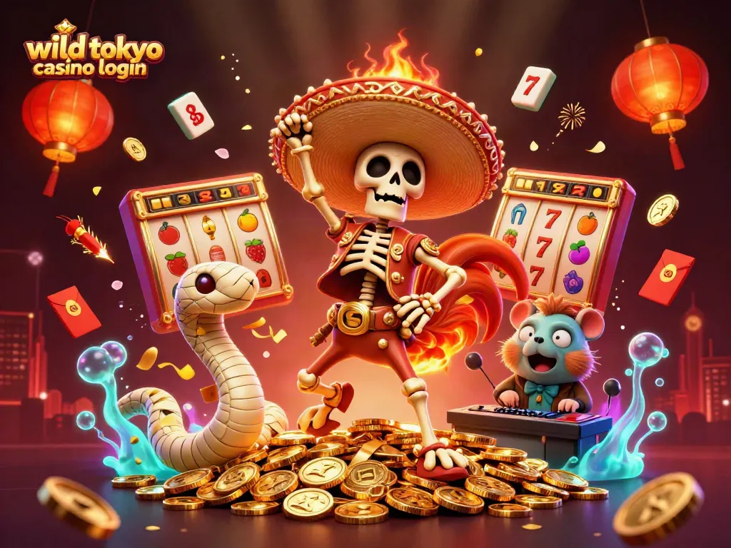 Engage with wild tokyo casino login's festive gaming scene featuring vibrant characters and casino elements.