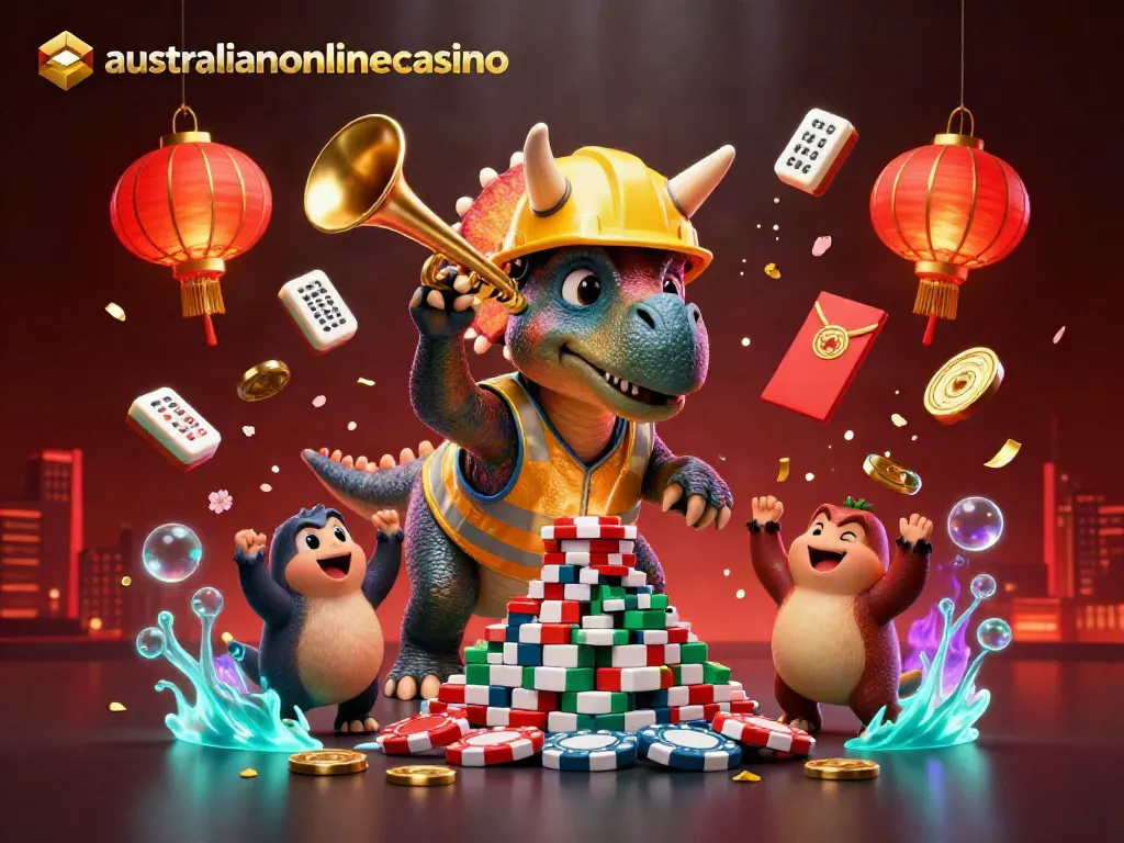 A 3D cartoon triceratops symbolizes winning strategies at australianonlinecasino, building poker chip pyramids.