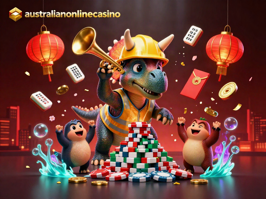 A 3D cartoon triceratops symbolizes winning strategies at australianonlinecasino, building poker chip pyramids.