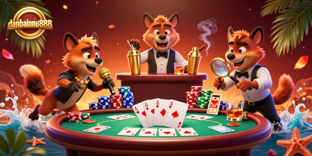 danhbainohu888 hyenas perform comedy in a colorful, lively casino setting with poker elements.