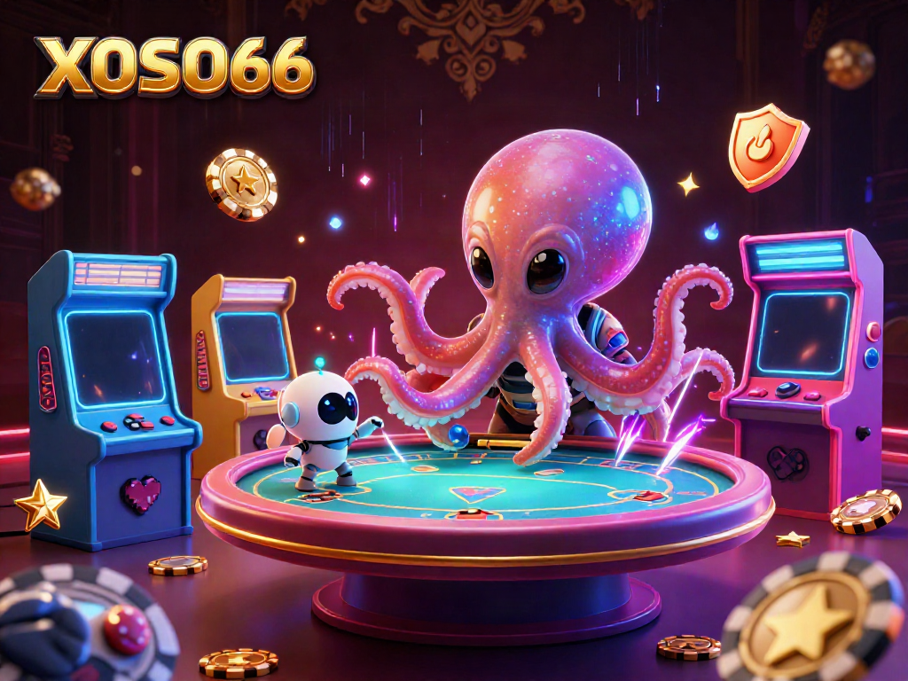XOSO66 alien octopus engaging players at a futuristic poker table in a vibrant casino scene.